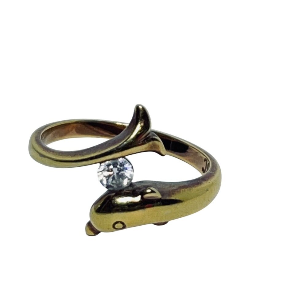 Rs Covenant Gold Tone And Rhinestone Dolphin Ring Signed (R381)
